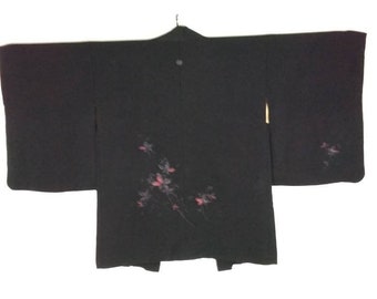 H316 Vintage Japanese Black Embroidered Floral Kimono Jacket Haori | Floral Kimono Haori |Kimono Cardigan | Short Kimono Robe | Short Sleeve