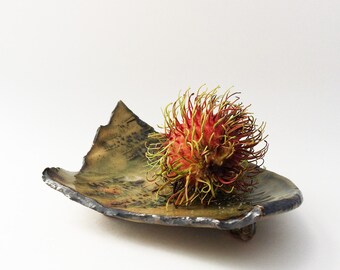 Curved Rustic Sushi Plate, Tree Design, Brutalist Pottery Small Asymmetrical OOAK Soap Dish, Unique Pottery