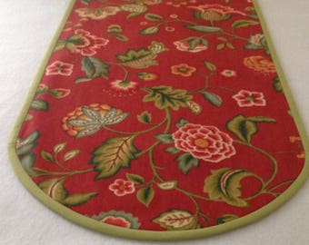 Red/Orange Fall Table Runner w/ Crewel-Type Floral Pattern.