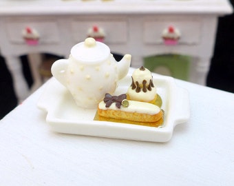 MTO-Tea Tray Set with French Pastries - White Chocolate - 12th Scale Miniature Food