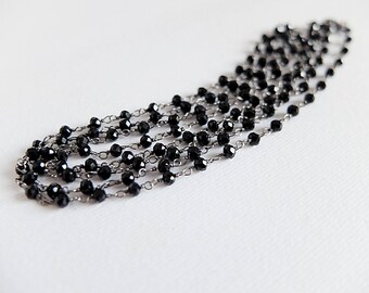 Long Black Spinel Necklace,black Spinel Rosary Style Necklace,oxidized silver necklaces chain,black silver handwrapped black gemstones