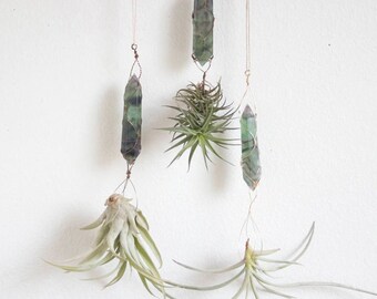 Yoga Studio Gift, Hanging Planter, Crystal Air Plant Display, Wire Wrapped Fluorite Air Planter, Purple And Green, Mystical, Spiritual Gift