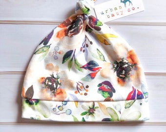100% Organic Cotton Baby Top Knot Hat, Cap, Fall, Autumn, Watercolor Florals, Flowers