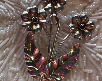 Vintage Sterling Silver Ruby floral Brooch
