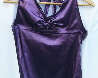 Purple satiny halter tie neck upcycled top