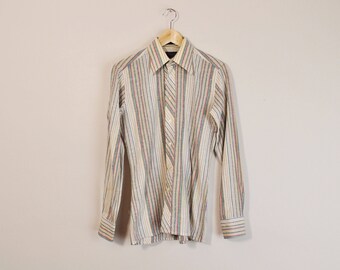 60s Striped Oxford, Vintage 60s Shirt, 60s Striped Shirt, 60s Mens Shirt, Distressed 60s Shirt, Long Sleeve Collared Shirt, 60s Button Down