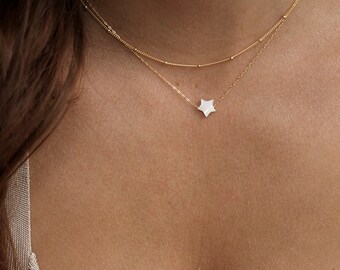 Tiny Star Necklace, Dainty Necklace Set, Pearl Pendant Necklace, Gold Necklace, Solid Gold Necklace, Delicate Necklace Gold, Necklace Gold