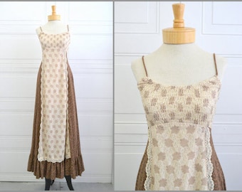 Vintage bohemian maxi peasant dress / 1970s Jody T Brown Prairie Sun Dress / Gunne Sax style handmade maxi dress