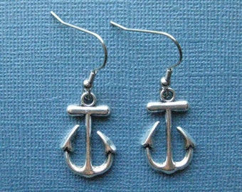 Anchor Earrings - Silver Anchor Earrings - Dangle Earrings - Nautical Earrings - Nautical Jewelry -- E108