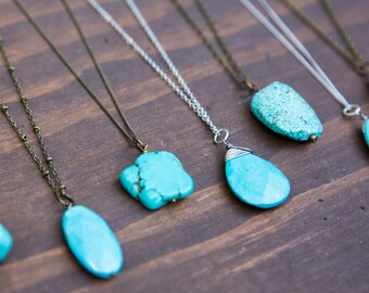 Long Turquoise Necklace, Aqua Pendant Necklace, Boho Bridesmaid Necklace, Long Silver Necklace, Teardrop Oval Faceted, Turquoise Boho