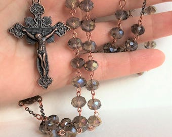 Smoky Gray Rosary, Romantic Vintage Style, Handmade Ornate Faceted Prayer Beads, Dark Romance, Iridescent Gray Glass Beads
