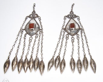 Antique silver Turkmen temporal pendants - silver adornment - carnelian - Turkoman - Central Asia - Tekke - ethnic tribal - nomadic
