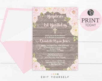 Baptism and 1st Birthday Invitation, Instant Download, Rustic Floral Baptism Invitation, Girl Baptism 1st Birthday invitation, Woodsy Invite