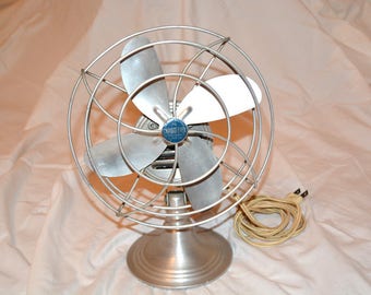 Vintage Industrial Aluminum Table Top Fan, Aluminum Blades, Chrom-Ever Electric Metal Fan