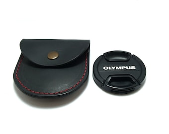 Extremely convenient black leather case bag for your camera lens cap/ body cap/ to fit cap with diameter-58mm personalized with belt hanger