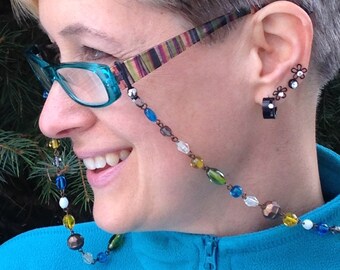 Salvaged Necklace Made into a Unique Eyeglass Chain, Catch My Eyewear with this Fashionable Blue and Green Glasses Chain, Granny Chain