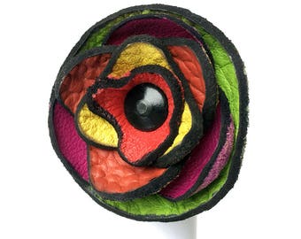 Colorful Leather Poppy Flower Ring, Size 7, EcoFriendly, Reclaimed Leather, Unique Jewelry Women Teen Girl, Seattle Handmade, OOAK