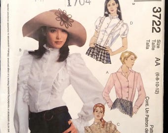 McCALL'S 3722 Fitted Ruffle Blouse Pattern, High Neck, Collar, Long/Short Sleeves, Cuffs/Ruffles Size 6-12 Uncut