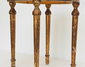Italian Tole Gilt Round Side Table-Vintage Florentine Wood Gold Chippy Hollywood Regency Table