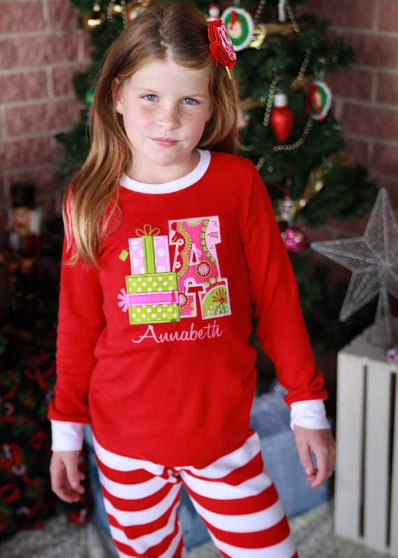 Items similar to Christmas PJs - Girl Presents Pajamas- Christmas ...