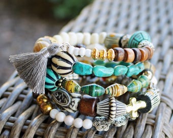 Boho Stacked Bracelet--Cuff Bracelet--Hippie--Gypsy Style--Repurposed--Organic Beads--Vintage--Eco Friendly--Upcycled--Trending--Turquoise