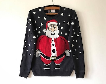 Dark Blue Knitted Ugly Christmas Sweater Blue Santa Claus Jumper Blue Winter Cardigan Stockings Festival Jumper Size Medium Ugly Sweater