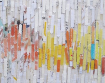 Mixed Media Acrylic collage painting, lines painting, abstract art, recycled paper art, yellow sun
