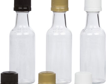 12 Mini Liquor Bottles small 50ml mini empty plastic mini alcohol bottle shots + Caps (black, gold, white)