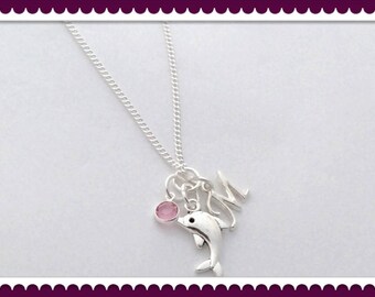 Dolphin Necklace, Dolphin Charm Necklace, Dolphin Jewelry, Dolphin Gifts, Silver Birthstone Necklace, Women's Personalized Dolphin Necklace