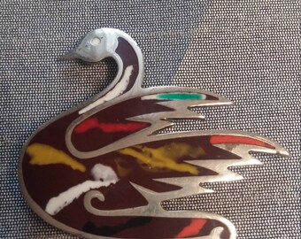 Vintage Hecho En Mexico Alpaca & Enamel Swan Brooch