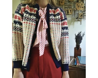 Vintage Voss Norwegian Fair Isle Knit Wool Sweater Cardigan // Size Small