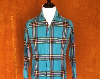 Vintage 1990s, Turquoise, Men's Flannel Shirt, Plaid Button Up Shirt