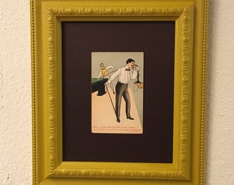 Framed Art, Upcycled Picture Frame Handpainted Yellow, Vintage Art, Unique Gift Idea , Antique Postcard
