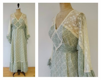 Vintage 70s Gunne Sax dress, 70s angel sleeve maxi dress, green Gunne Sax dress