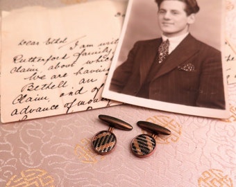 Vintage Cufflinks - Vintage Checkered Cuff Links in Black and Beige Fabric - Gilt Torpedo Cufflinks - Mens Gift - Gift for Him - 1930s