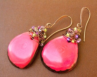 Bold Colorful Earrings, Large Hot Pink Tagua Nut & Copper Dangles, Unique Summer Earrings, Boho Gypsy Beach Resort or Festival Wear, Gift