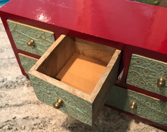 Modern Dresser Drawer Jewelry or Trinket Box Hand Painted Red Cabinet with Gold Accents & 5 Drawers, Item #611468001