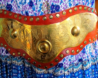 Vintage Leather and Brass Studded Statement Belt Boho Chic 1970's