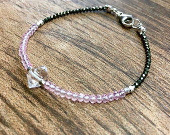 Herkimer Diamond Bracelet - Healing Bracelet - Rose Quartz Bracelet - Dainty Gemstone Bracelet - Pyrite Beaded Bracelet - April Birthstone
