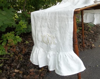 Custom Linen Table Runner Ruffled Linen Runner Monogram Option Table Runnner Wedding Décorations Table Decor Table Linens