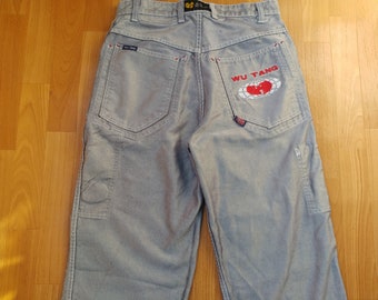 WU WEAR jeans, shiny gray vintage hip hop baggy loose jeans, 90s hip-hop clothing, Wu Tang Clan hiphop gangsta rap, kani jnco, OG, size W 30