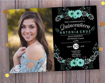 INVITATIONS for QUINCEANERA with PICTURES. Floral Quinceanera invitation, Quinceanera Teal Mint, Quinceanera Invites party, Digital