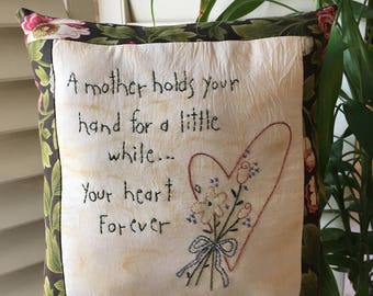 Mother's Pillow with Inspirational Verse , Hand Embroidered Accent Pillow , Room Decor , Hearts , Floral , Farmhouse, Country Room Accent