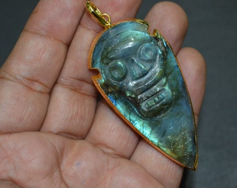 Natural Aztec Style Labradorite Skull Carved Arrowhead Pendant with 24 kt Gold Electroplated Edge-60 mm approx, Labradorite Skull Charm