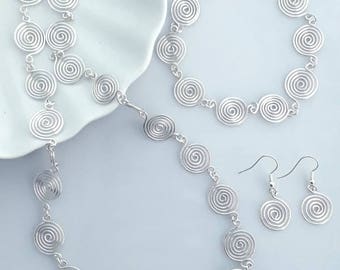 Silver Spiral Jewellery Set necklace bracelet and drop earrings in choice of Silver grades women's gift ideas jewellery open spirals popular