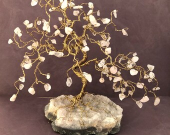 Mothers Day Gift, Gift for Her, Rose Quartz Bonsai Gem Tree, Wire Tree Sculpture, Amethyst Cluster Rock Base, Tree of Life Art, Healing Gift