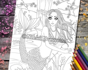 Coloring Page - Digital Stamp - Printable - Fantasy Art - Mermaid - Koi Pond - Stamp - Adult Coloring Page - FELICITY - by Nikki Burnette