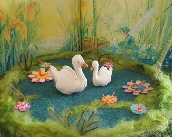 Felt lily pond play mat with swan pair