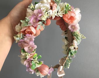 Tieback Halo Flower Crown Headband, Newborn Photo Prop, Tieback Flower Crown, Baby Flower Crown, Toddler Flower Crown, Flower Crown