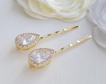 Gold Bridal Hair Bobby Pins Rose Gold Hair Pins Hair Pins Crystal Wedding Hair Pins Bridesmaid Hair Pins Teardrop Hair Clips, Evelyn